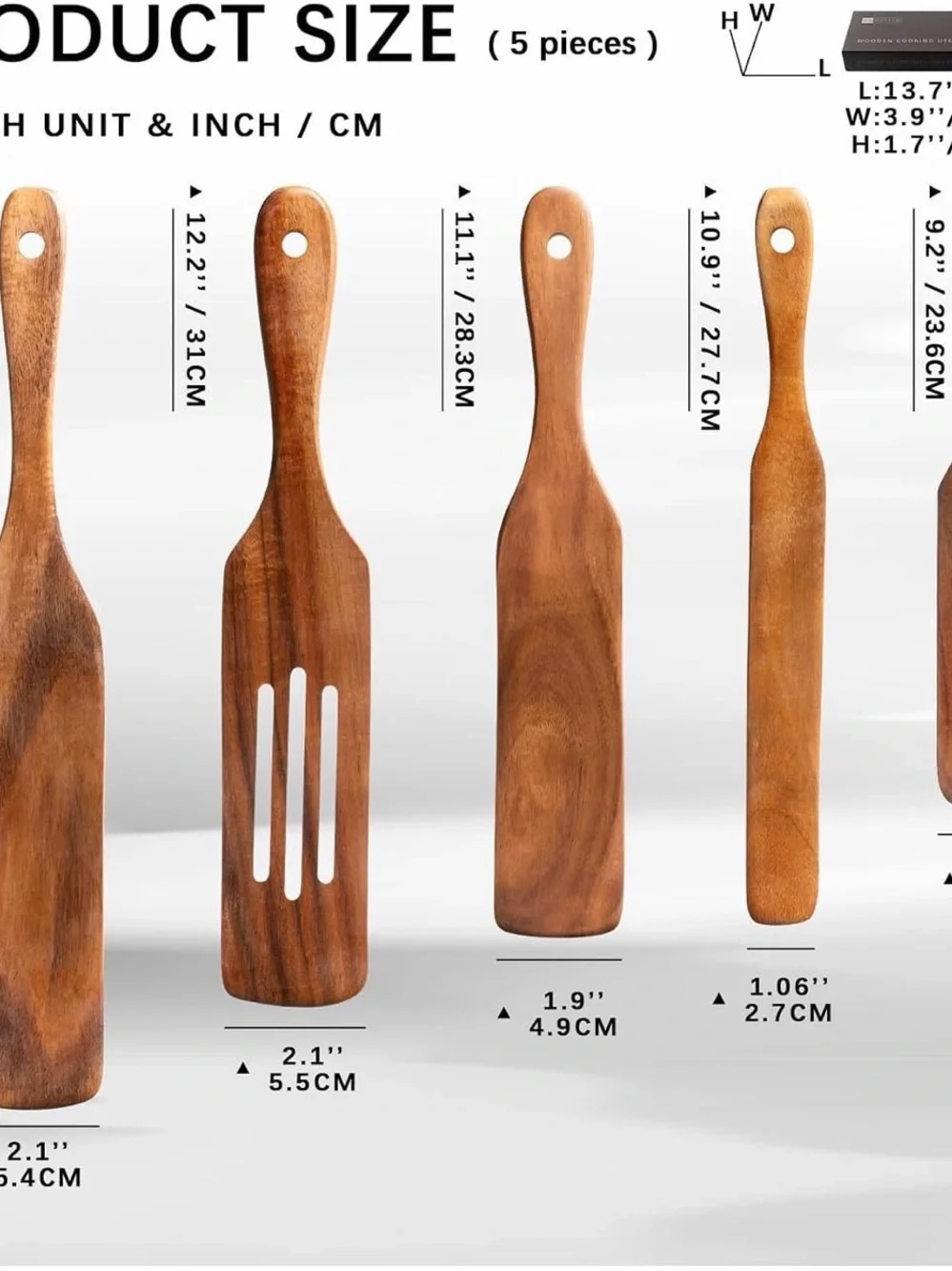 Wooden Spatulas for Cooking, 5-Piece Teak Spurtle Set, Smooth Finish